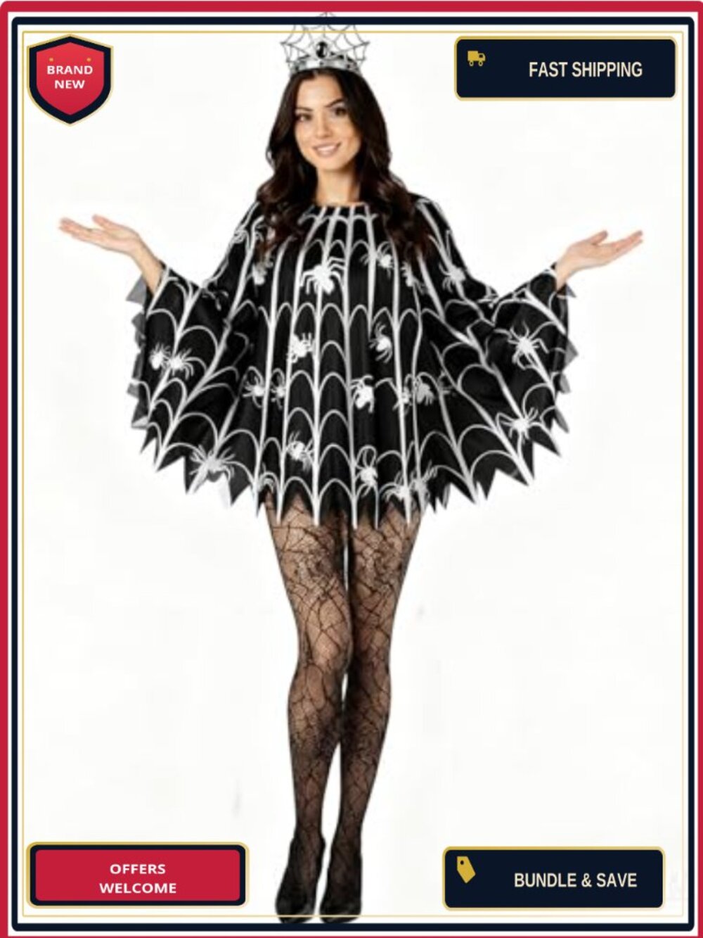Spider Web Poncho Costume Set Fishnet Tights Crown Adult Halloween Fancy Dress